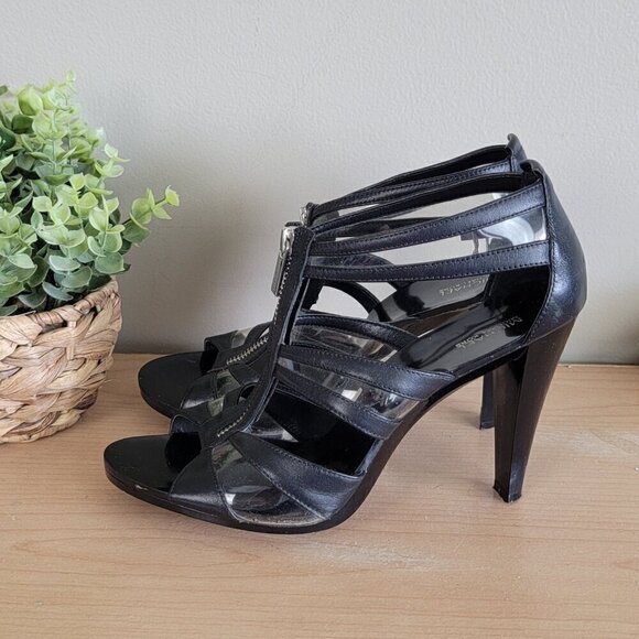 Michael Kors Berkley T Strap Black Leather PVC Front Zip Zipper Sandals Heels - Picture 2 of 16